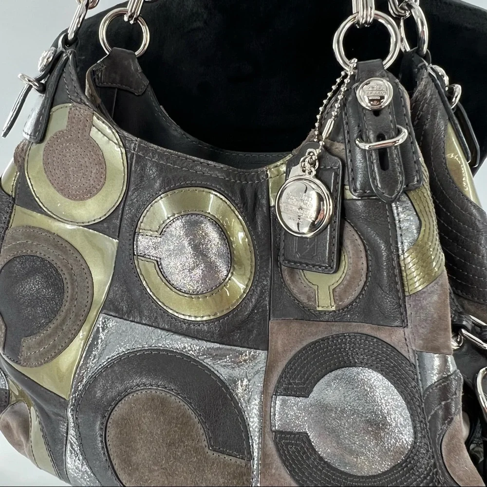 Coach Mia Inlaid C Maggie Leather & Suede Hobo Shoulder Bag, Gray/Silver/Lilac - Picture 13 of 17